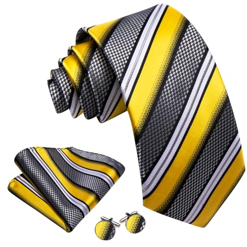 Image of Barry.Wang Man Stripe Ties Set Silk Woven Pocket Square Necktie Cufflinks Formal Party Business