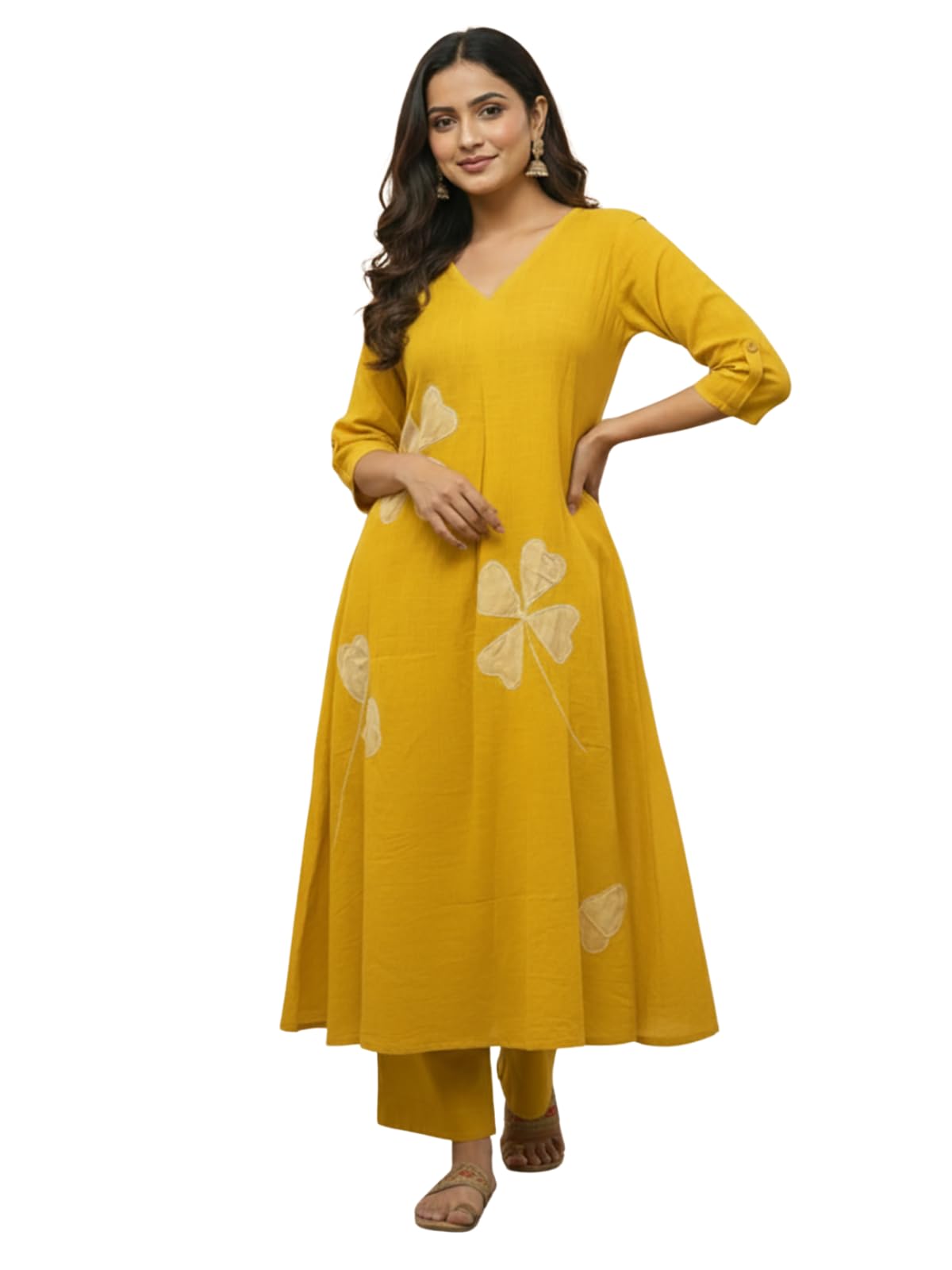 Leriya Fashion Set Kurta da donna in cotone con pantaloni | Set kurti etnico con scollo a V con maniche a 3/4 | Abito estivo etnico elegante da donna | Set kurta festivo con stampa floreale da donna