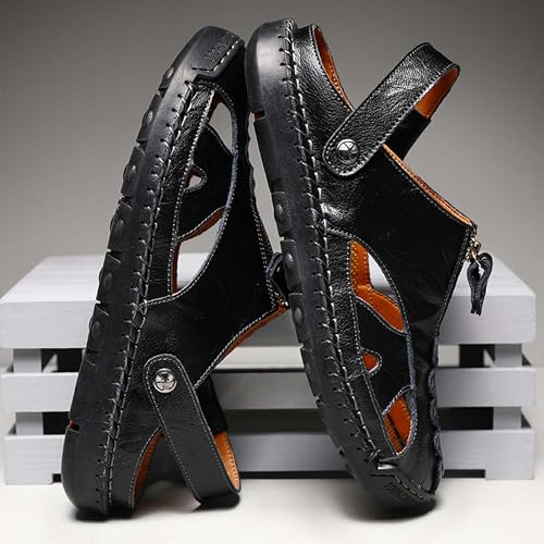 Men's Leather Sandals Hand Sewn Summer Anti Slip Quick Drying Outdoor Hiking Vacation Casual Beach Shoes Arch Support Breathable Slippers，Large Size3