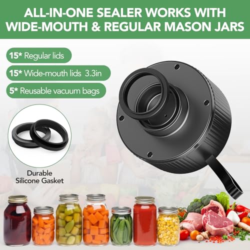 Image of Electric Mason Jar Vacuum Sealer Kit, Automatic Jar Vacuum Sealer for Wide & Regular Mouth Mason Jars, Portable Mason Jar Sealer for Coffee Beans, Food Storage, Meal Prep Includes 30 pcs Lids