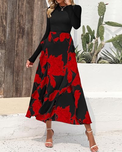 Image of BTFBM Womens Floral Maxi Dress Fall 2025 Casual Crewneck Long Sleeve Ruffle Flowy Cocktail Wedding Guest Dresses