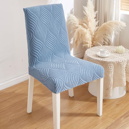 Image of HOMETHREADS Elastic Jacquard Chair Cover - Stretchable, Removable & Washable Short Dining Chair Slipcover | Durable Seat Protector for Kitchen, Dining Room & Banquet Chairs (Blue, Pack of 8)