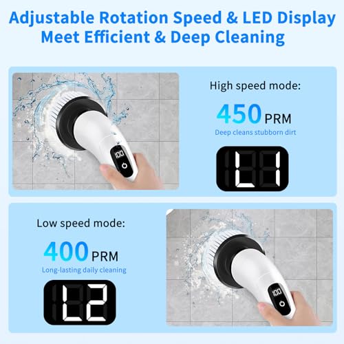 Image of SINZUX Electric Spin Scrubber, Electric Cleaning Brush with 8 Interchangeable Brush Heads, Electric Scrubbing Brush with LED Indicator and Adjustable Extension Handle for Bathroom, Kitchen