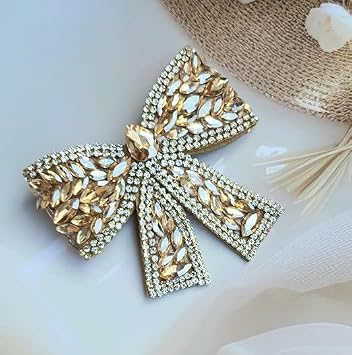 STAR SAI COLLECTION- Golden Embellished Crystal Bow Hair Clip – Stylish Stone Studded Bow Barrette for Women & Girls | Fancy Party & Bridal Hair Accessory (Pack of 1)