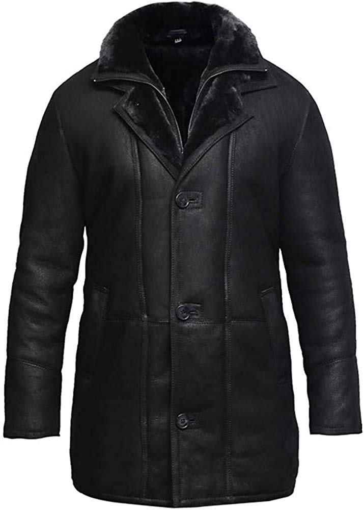 BRANDSLOCK Herren Schaffell Lammfell Leder Warm Duffle Trench Coat