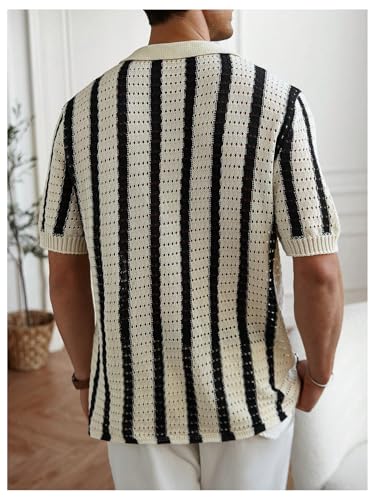 Men's Striped Crochet Shirts Hollow Out Button Down Shirts Knit Short Sleeve Casual Vacation Top2