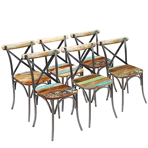 Vorpalize Sillas de comedor 6 piezas de madera maciza reciclada y estructura de acero, 51 x 52 x 84 cm, color retro multicolor, respaldo abierto, sillas vintage robustas para comedor y cocina