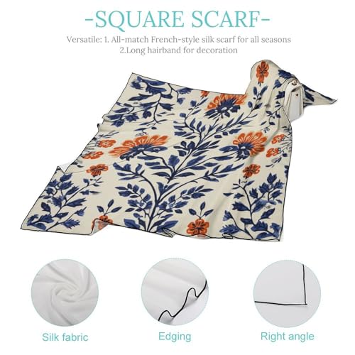 Orange And Navy Blue Floral Pattern Women Hair Scarf Square Silk Like Head Scarves Handkerchief Satin Neck Scarf4