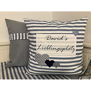 1 Kissenhülle, Kissenbezug,Landhausstil Kissen *Personalisierter Lieblingsplatz* blau/weiß gestreift mit Herzen