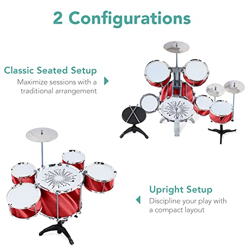 Best Choice Products 18-Piece Kids Beginner Drum Kit, Musical Instrument Toy Drum Set For Music Practice W/Led Lights, Bass, Toms, Snare, Cymbal, Stool, Stand Drumsticks - Red #TOP4
