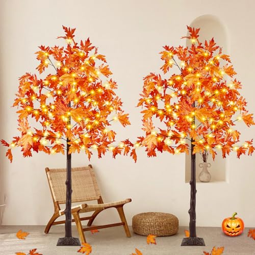 2 Pack 5FT Lighted Maple Tree 200 LED Artificial Fall Tree for Home Decor | UL Listed Adapter, IP44 Waterproof, Timer 6H On/18H Off, Bendable Branches, Cord 16.4ft, for Indoor Outdoor Porch Halloween