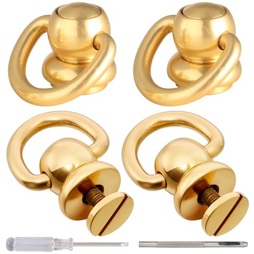 Notgia 4Pcs D Rings for Purse Brass Rivets for Leather Rotatable Purse Strap Hardware Ball Button Studs for Handbag D Rings Chicago Screws for Repair Purse Dog Collar Leather Crafts (Gold)