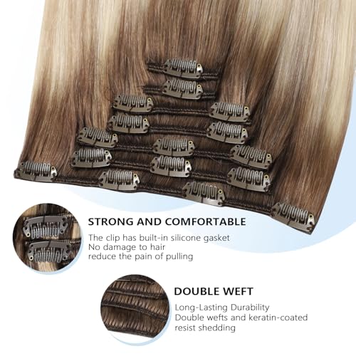 Image of COOKAYU Clip in Hair Extensions Real Human Hair, 8 /60 /18 Ombre Real Hair Extensions Clip in Human Hair, Thick Silky Straight, 14inch 120g 7Pcs