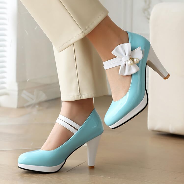 Women's Round Toe Mary Jane Bows Platform High Heel Pumps2