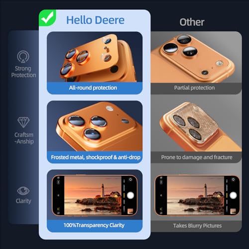 Image of HelloDeere 9H High-alumina Tempered Glass Camera Lens Protector for iPhone 17 Pro Max Lens , Military-Grade Shatterproof with Strong Adsorption, Full Coverage Case-Friendly Cover (Orange, iPhone 17 Pro Max - 2 Pack)