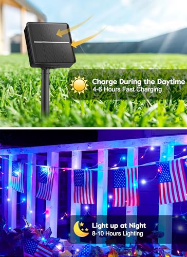 Minetom 33FT-RED-WHITE-BLUE-2PC 2 Packs Total 66Ft 200 Led Red White And Blue Solar String Lights Outdoor For Independence Day thumb #5