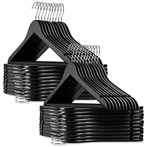 Casafield - 40 Black Wooden Suit Hangers - Premium Lotus Wood with Notches & Chrome Swivel Hook for Dress Clothes, Coats, Jackets, Pants, Shirts, Skirts