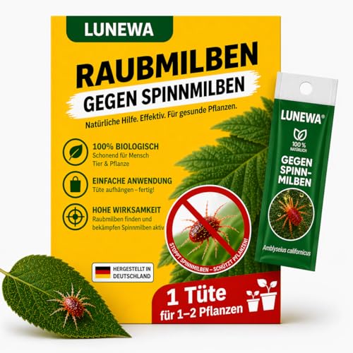 LUNEWA Raubmilben gegen Spinnmilben bei Gemüse- Zier- & Nutzpflanzen - 1 Tüten für 1-2 Pflanzen - zur biologischen Bekämpfung von Spinnmilben - 100% Chemiefrei - Amblyseius Californicus