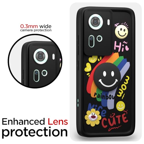 Image of Pikkme Back Cover for Oppo Reno 11 5G | Soft Silicone| Cute Rainbow Smile & 3D Cartoon Flower Design | Shockproof Raised Camera Protection Bumper Case (Black)