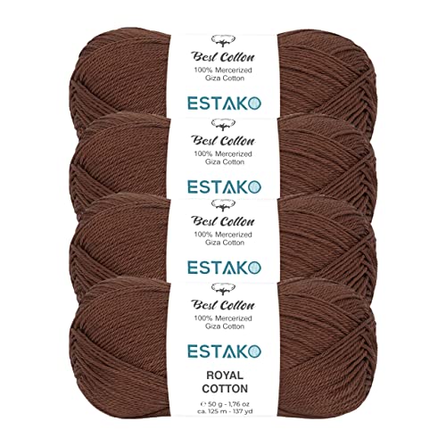 Image of Estako Royal Cotton, (4 Skeins Pack) 100% Mercerized Giza Cotton Yarn, Soft, Super Fino for Crochet and Knitting (4 x 1.76 Oz) / (4 x 137 Yrds) (5085 - Brown)