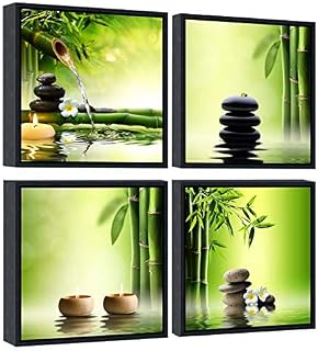 Wieco Art Modern 4 Panels Black Framed Contemporary Zen Giclee Canvas Prints Perfect Bamboo Green Pictures Paintings on Canvas Wall Art for Home Office Decorations Living Room Bedroom