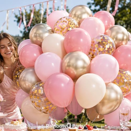 Image of Metallic Pink and Gold Balloons 12 Inch 67PCS Sand White Champagne Confetti Latex Helium Balloons Set for Anniversary Wedding Birthday Party Decorations