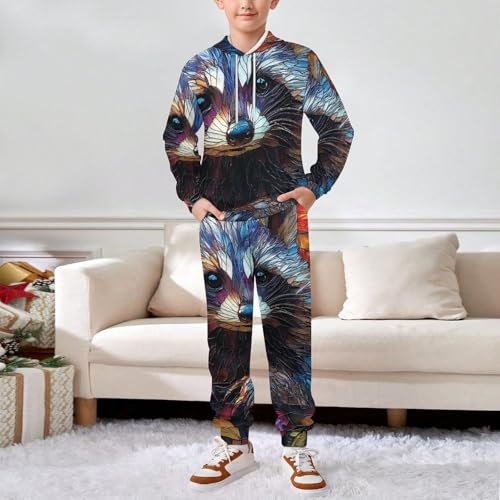 Boys Girls Sweatshirt Set Kid 2 Piece Pullover Hoodie Jogger Sweatpants, Raccoon Stained Glass Art3