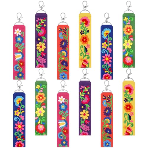 Kigeli 12 Pcs Mexican Floral Embroidery Keychain Set, Vibrant Color Polyester Fabric Keychain & Zipper Pull, Mexican Gift for Women Men, Day of The Dead, Purse Backpack Car Keys