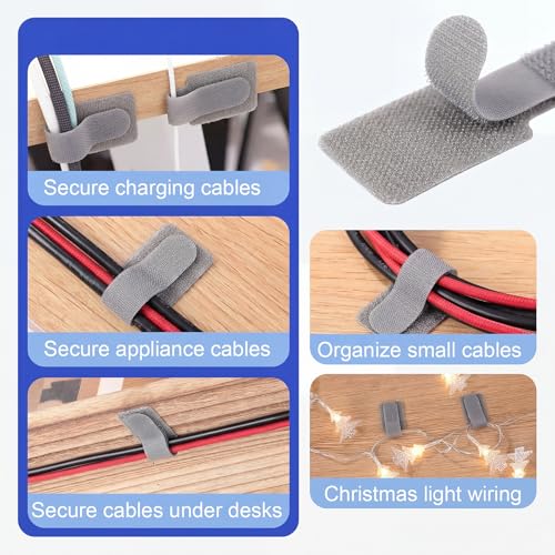 100 Pcs Hook and Loop Cable Ties, Self Adhesive Cable Management Under Desk Cable Straps, Adjustable Cord Organizer for Desk Home Office Organization (Grey) — view 5