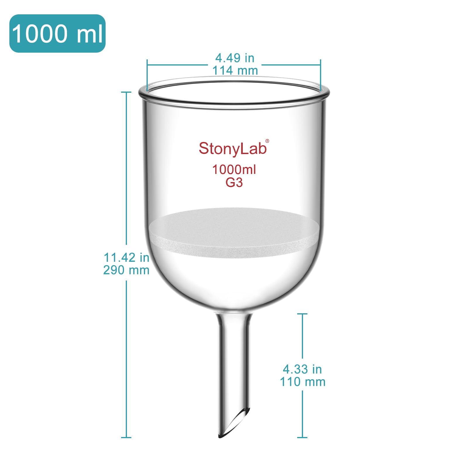 StonyLab Borosilicate Glass Embudo de Filtración Buchner con Frita Fina(G3) Buchner Funnel, Diámetro del Disco de 113mm, Profundidad de 100mm (1L)