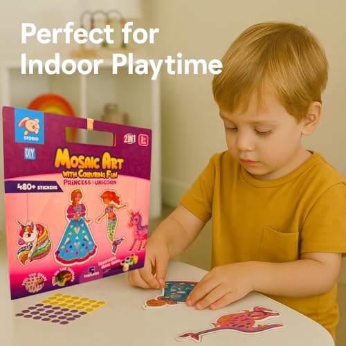 Image of Storio Mosaic Art & Craft Kit for Kids with Colouring Fun | Mirror Mosaic DIY Set with Unicorn & Princess Theme | Creative Craft Activity for Girls Age 4-8 | Mess-Free, Fun & Educational Gift