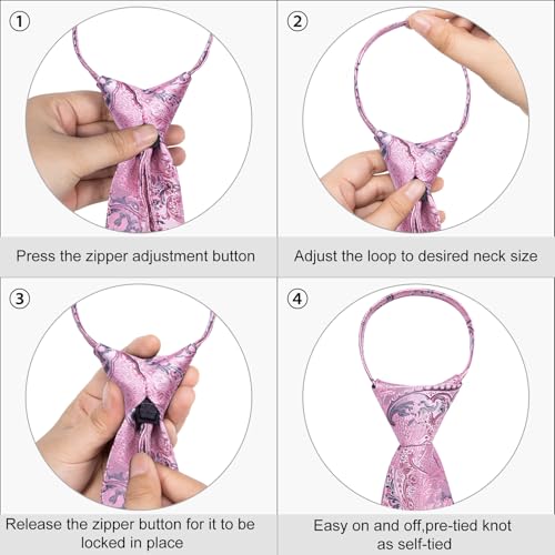Image of DiBanGu Silk Zipper Ties for Men,Paisley Solid Plaid Pre-tied Tie and Pocket Square Cufflinks Set Formal Adjustable Necktie