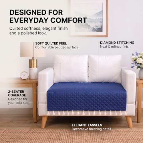Image of BSB HOME 300 TC Premium Sofa Cover, Quilted Sofa Seat Cover with Decorative Tassels, Soft Comfortable Couch Protector, Stylish Furniture Cover for Living Room, 60 x 48 Inches (152 x 122cm) - Teal Blue