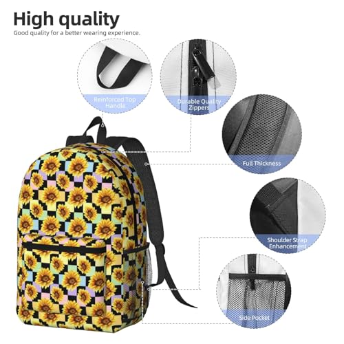 Sunflower Rainbow Pastel And Black Checker Fashionable Daypack 17 Inches Zippers Backpack Double Shoulder Bag for Women Men3