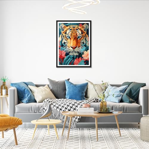 Image of HEIBAGO Tiger Diamond Art Kits for Adults, Diamond Painting Kits for Adults Beginners, 5D Full Drill Round Diamond Art Painting, DIY Diamond Dots for Adult for Home Wall Decor 12 x 16 Inch
