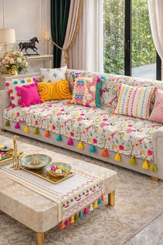 Image of Neutral Tropical Floral Sofa Cover Tassels: Thick Fabric Seven Seater Furniture Cover, Scratch Resistant, Washable: Seat & Front Back Protection -Set of 4 Covers- FITS: 3+2+1+1 Seater