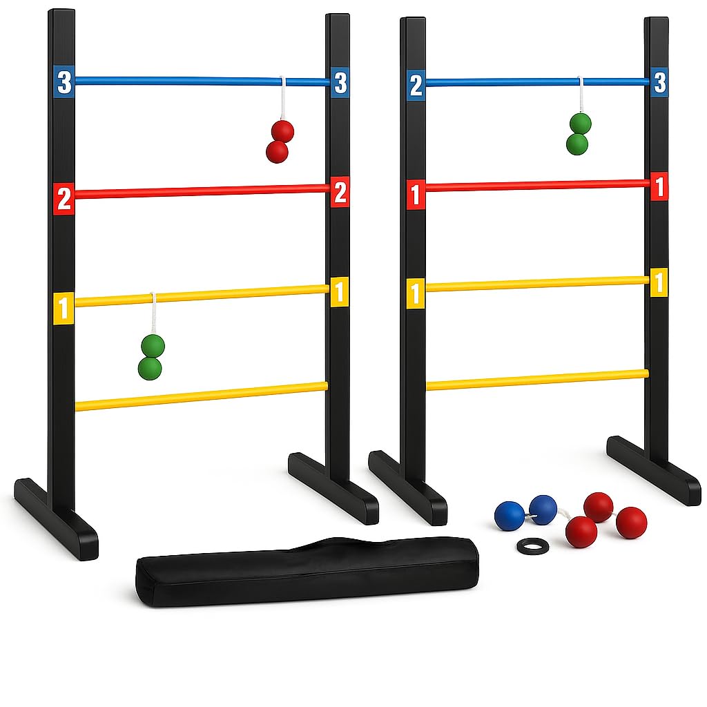 Pro Ladder Toss Indoor Outdoor Game Set for Yard & Lawn Games with 6 Soft Rubber Bolo Balls Heavy Duty Bars Stands & Travel Carrying Case | Game for Family Kids Beach Party Picnic & Adults