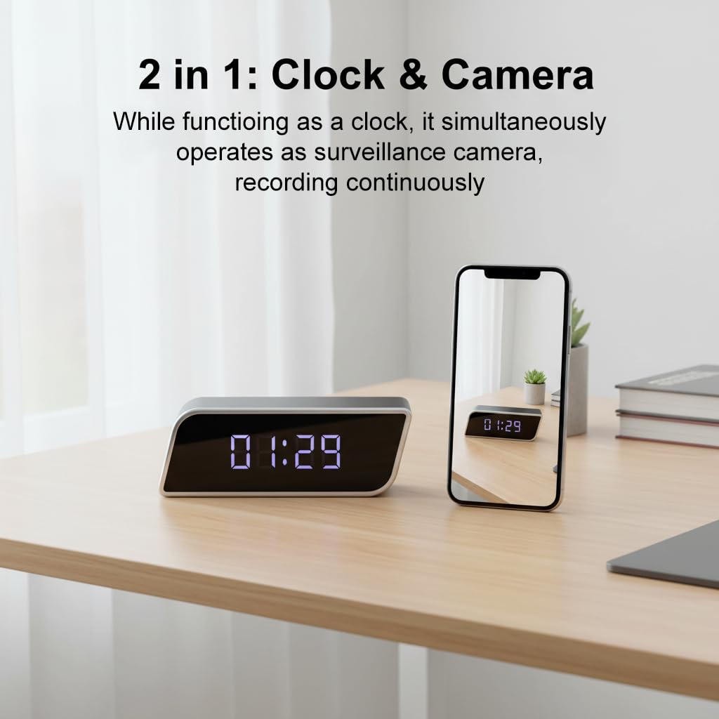 2-in-1 Alarm Clock Camera 4K UHD HD Night Vision 2600mAh WiFi Remote View SD Storage Wireless No Audio