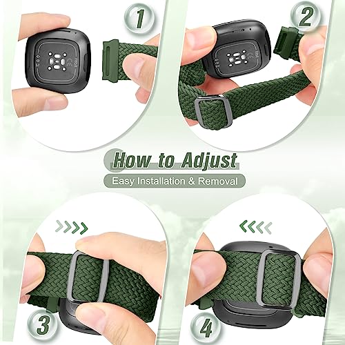 SHIJZWD Elastic Braided Strap Compatible w/ Fitbit Versa 4/Versa 3/Sense 2/Sense,2 Pack Sport Nylon B & Adjustable Stretchy Replacement Wristb & Fitbit Versa 3/Versa 4/Sense 2/Sense ,Black+Olive - Image 2