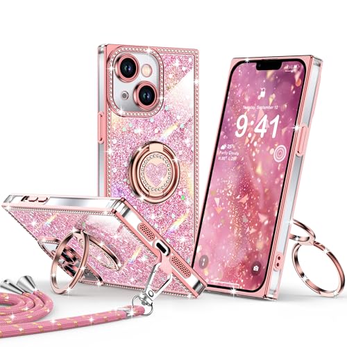 XYZ for iPhone 14 Case, Glitter Bling Phone Cover with 2-Ring Heart Stand & Lanyard, Women Girls...