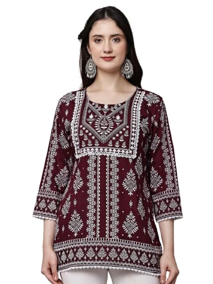 Image of Women's Pink Printed Short Kurti with Lace Trim, 3 /4 Sleeves, Ethnic Indian Style Top