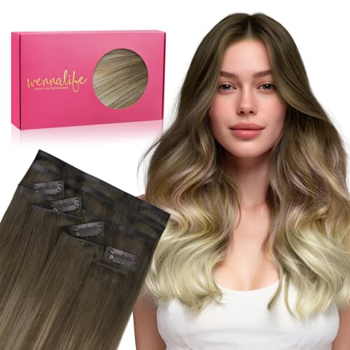 Image of WENNALIFE Invisi Edge & Classic Seamless Clip in Hair Extensions Real Human Hair, 12 Inch 80g 7pcs Ombre Walnut Brown to Ash Brown and Bleach Blonde Hair Extensions for Women Invisible Straight Inject