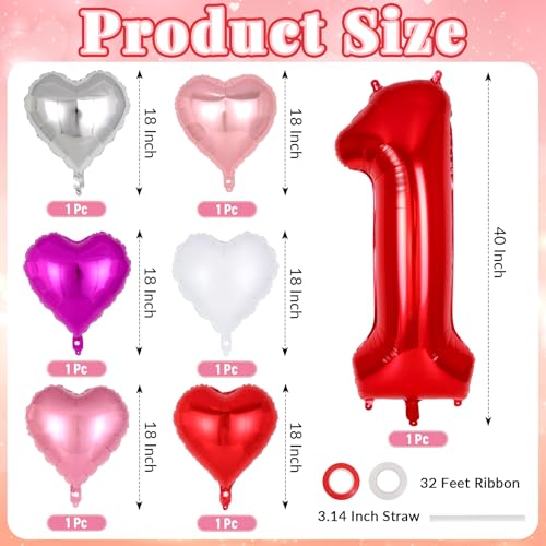 Image of 40 Inch Red Number 1 Balloon, Foil Heart Balloons for 1st Birthday Decorations, 1st Birthday Balloon Set for Valentine's Day Wedding Anniversary Baby Shower Decorations