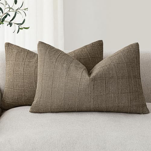 Image of Foindtower Set of 2 Decorative Linen Check Throw Pillow Covers Neutral Farmhouse Lumbar Cushion Covers Modern Boho Home Decor for Sofa Chair Couch Bedroom Living Room,12x20 Inch,Light Brown