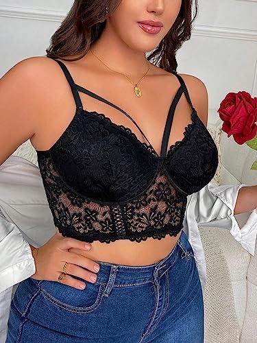 OYOANGLE Women's Plus Size Cut Out Floral Lace Bra Wireless Underwire No Padding Bralette4