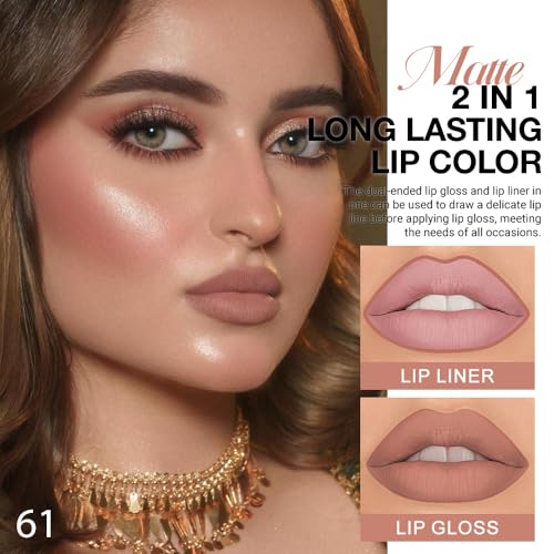 Image of evpct 1Pcs Nuetral Nude Matte Lip Liner & Liquid Lipstick Stain Makeup Set for Women Gift, Nude Lip Liner Stain Long Lasting Waterproof Smudge Proof, Longwear Lips Stick Makeup 24 hours originale, 61