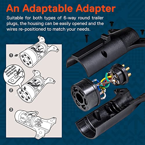 TRUE MODS 7-Way Blade to 6-Way Round Trailer Adapter [Nickel-Plated Copper Terminals] [Rugged Nylon Housing] [Compact Design] 7-pin to 6-pin Trailer Wiring Plug Adapter - Thumbnail 3