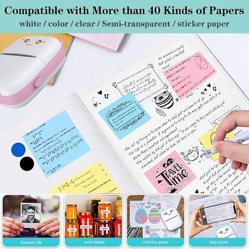 Image of Mini Bluetooth Thermal Printer Kids and Adults - Portable Inkless Pocket Label Printer - Wireless Receipt & Photo Printer with Roll Paper and Stickers for Study Notes & Banner (Family Pack)