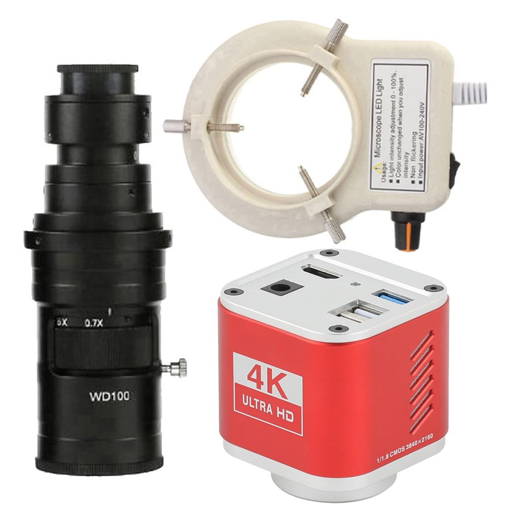 4K 8MP HDMI USB Cámara de medición de microscopio Industrial Grabadora de Video de Almacenamiento en Disco U y Lente de Montaje en C 200X con luz de Anillo Ajustable de 56 LED