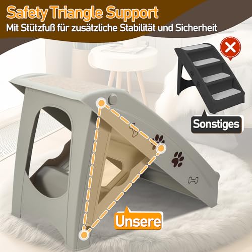 Jiubiaz Hundetreppe Klappbare Haustiertreppe 48,5cm Hoch, 4-Stufig Faltbare Katzentreppe, Hunderampe, Maximale Belastung 75kg, Tiertreppe mit Rutschfester Matte für Hunde und Katzen (grau)